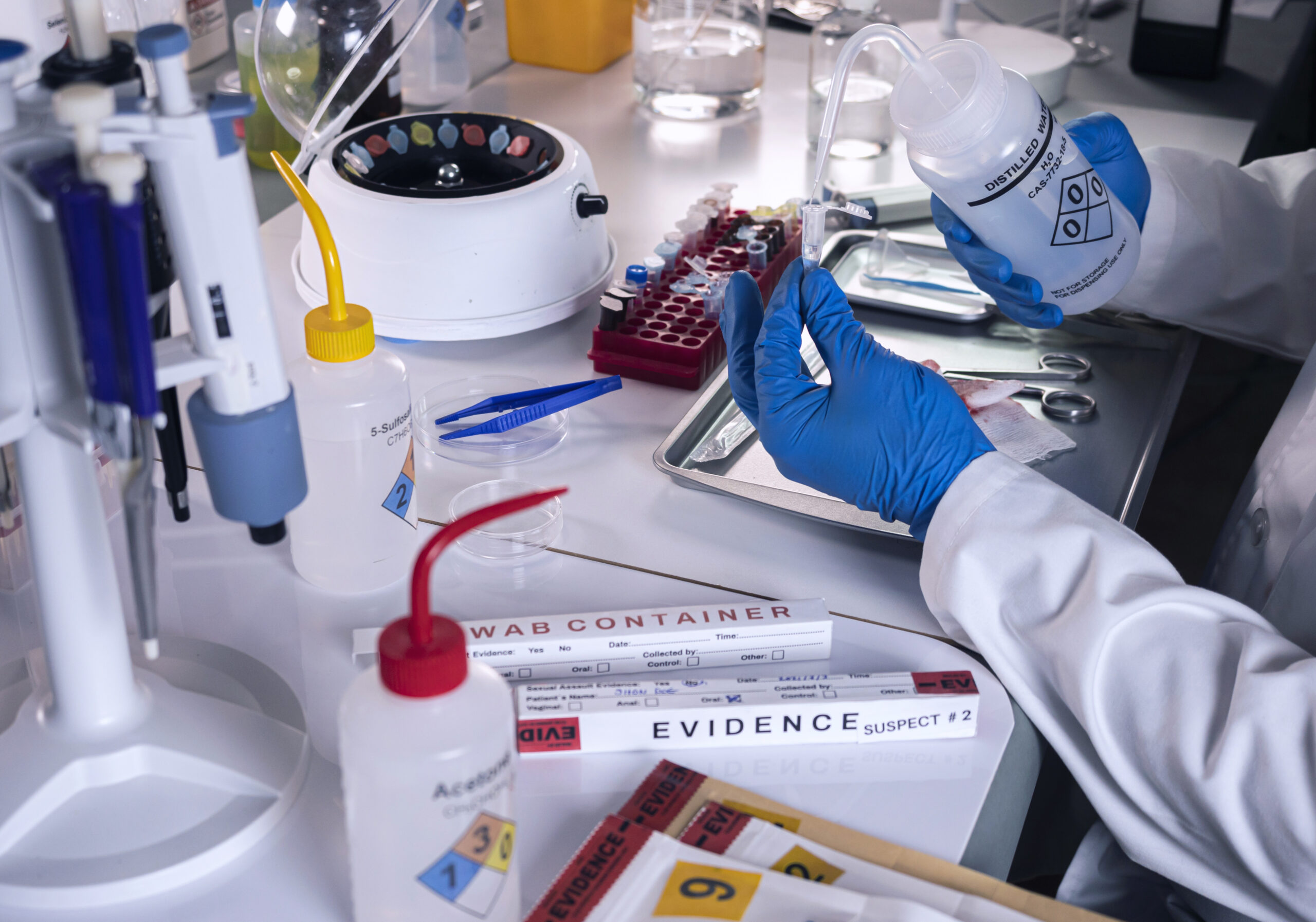 Police scientist prepares vial with distilled water in microcentrifuge, specialist investigates DNA from homicide case in crime lab